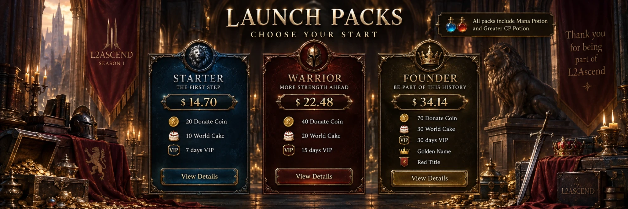 Launch Packs — Choose Your Start. Starter $14.70, Warrior $22.48, Founder $34.14.
